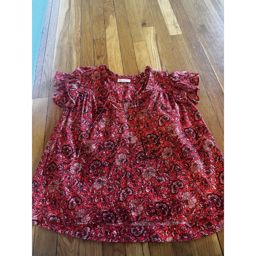 Ulla Johnson Gabi Red Floral Cotton Top‎ Flutter Sleeves Size 0 Short Sleeves